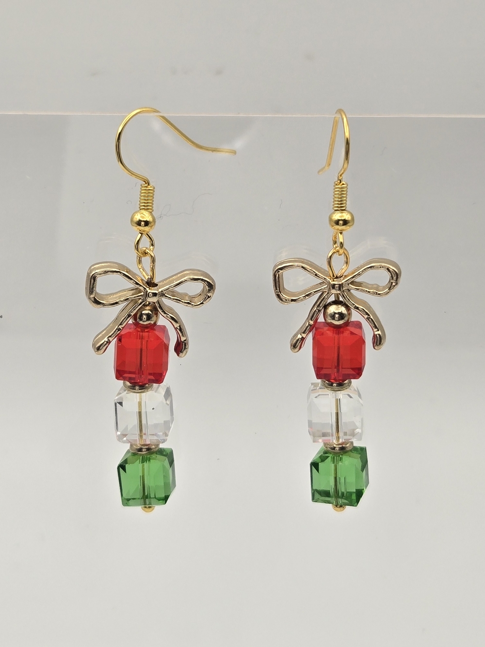 Gold Bow Earrings with Red, White, and Green Beads - Women Jewelry